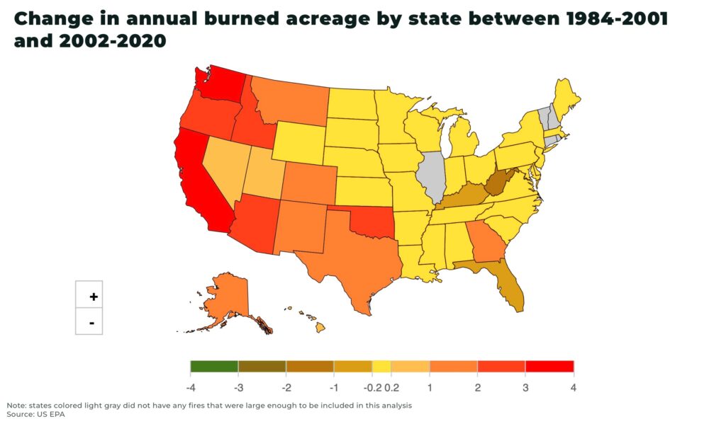 Change in annual burned acreage by state between 1984 2001 and 2002 2020 - The Oregon Group - Investment Insights